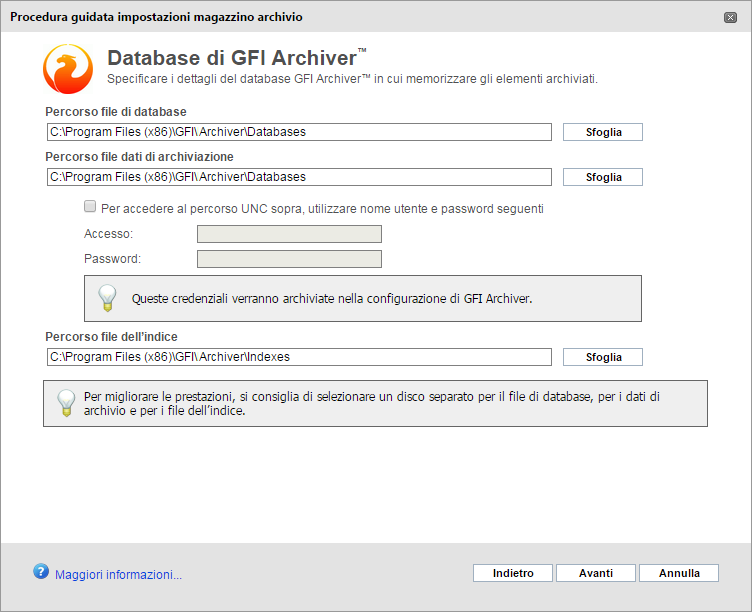 Schermata 19: Creazione magazzino archivio: Scelta percorsi 1. Selezionare i percorsi del file di database, del file e-mail e dell indice di ricerca da utilizzare per il database di GFI Archiver.