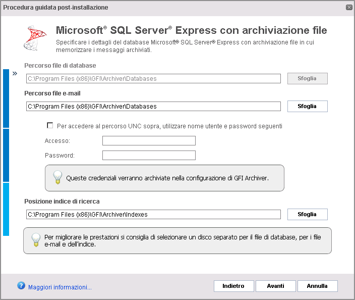 Schermata 21: Creazione magazzino archivio: Scelta percorsi 8. Fornire i percorsi dei file richiesti per il tipo di server SQL Server selezionato.