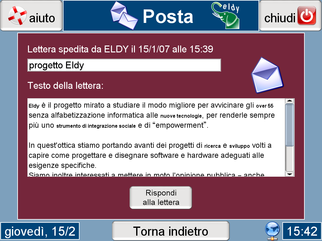 All'interno del riquadro scuro, al centro della pagina, possiamo leggere chi ci ha spedito la lettera e quando. Compare poi, su sfondo bianco, l'oggetto, o titolo, della lettera.