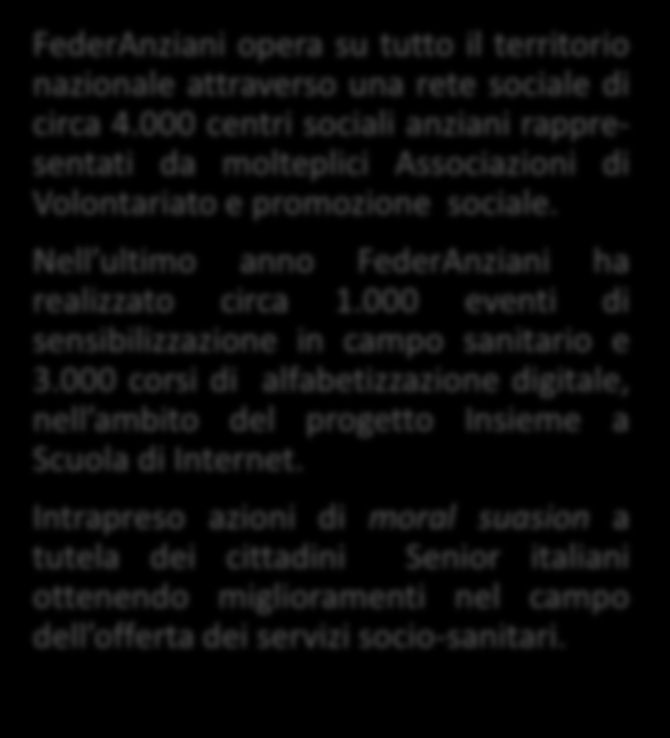 Opera a livello nazionale ed ha come primaria finalità quella di federare tutti i soggetti che si occupano della tutela sociale, sanitaria, economica dei soggetti anziani.