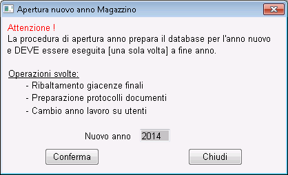 2014 2013 Nella finestra visualizzata Inserire in Esercizi: proposto: il codice del nuovo esercizio (ovvero ); Verificare che nel campo Esercizi: precedente: sia settato l anno 2013.