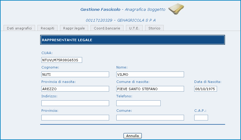 30-120 Dettaglio Rappresentante Legale La pagina prevede i seguenti