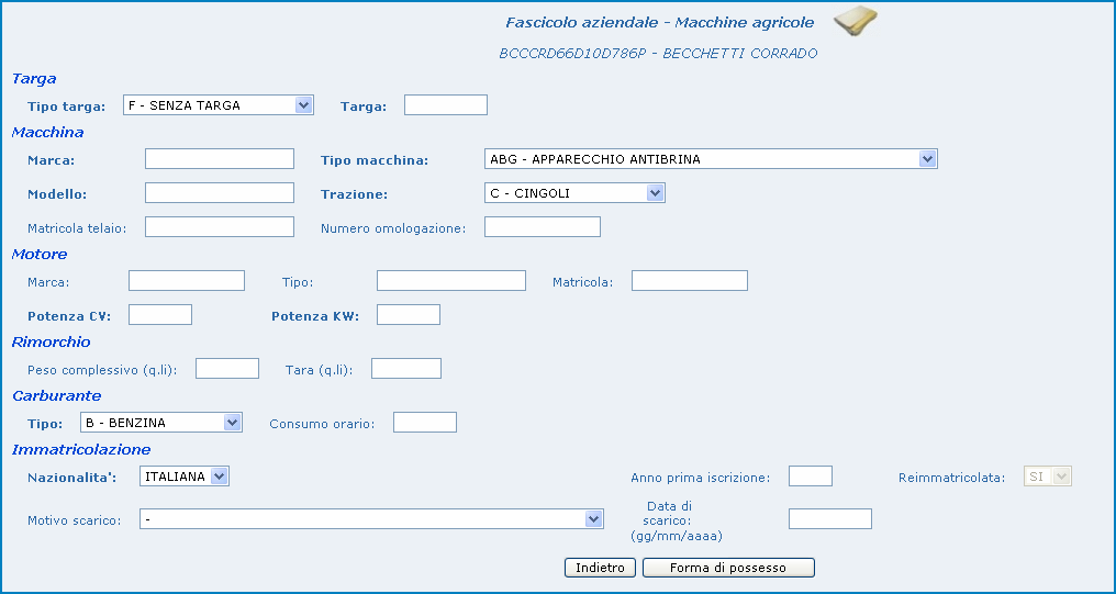 Edizione Marzo 2007 89-120 Inserimento macchina La sezione consente di inserire tutte le informazioni relative ai dettagli tecnici di una macchina.