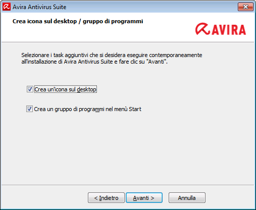 Installazione e disinstallazione Per creare un collegamento sul desktop per Avira Antivirus Suite e/o un gruppo di programmi nel menu Avvio, lasciare attive le opzioni.