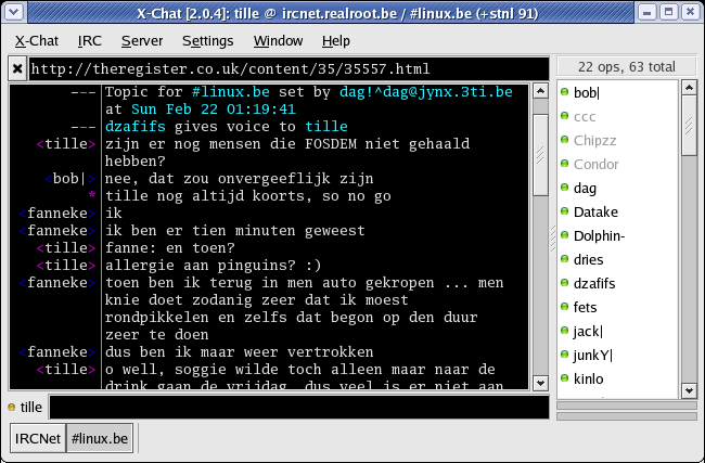 La pagina iniziale è su Sourceforge. amsn: clone di MSN. Konversation, kopete, KVIrc e molti altri strumenti K dalla suite KDE. gnomemeeting: programma di videoconferenza per UNIX (ora Ekiga).