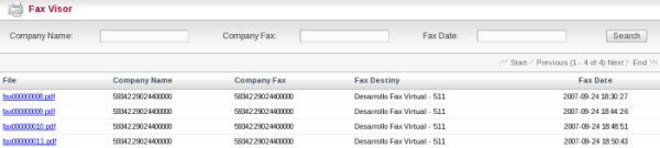 5 Visualizzatore Fax L'opzione Visualizzatore Fax del Menù Fax in Elastix ci mostra una lista con dettagli dei fax ricevuti.