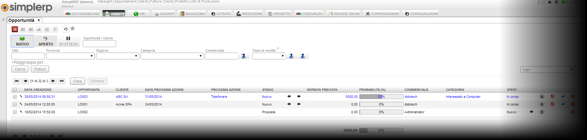 SimplERP CRM Il modulo CRM di SimplERP consente di tracciare potenziali clienti ed opportunità.