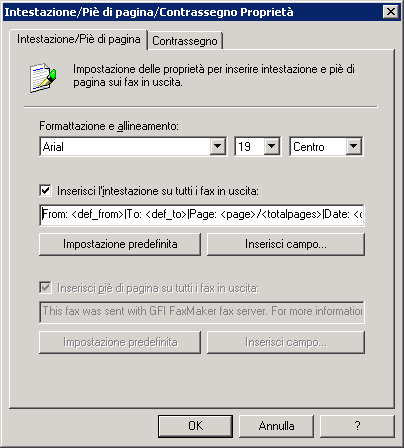 Schermata 75: Opzioni Intestazione/Piè di pagina per i fax in uscita 2.