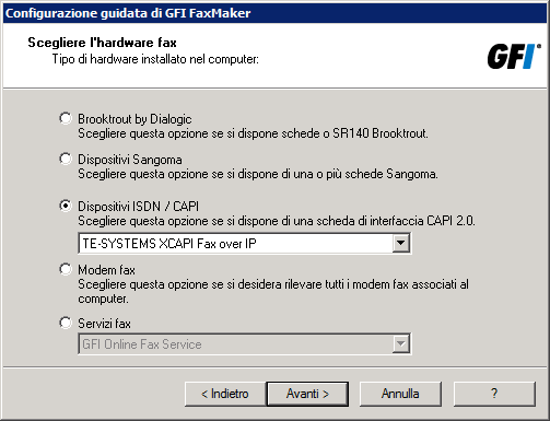 Schermata 33: Selezione del tipo di dispositivo fax da utilizzare con GFI FaxMaker 6. Selezionare le periferiche fax da utilizzare con GFI FaxMaker.