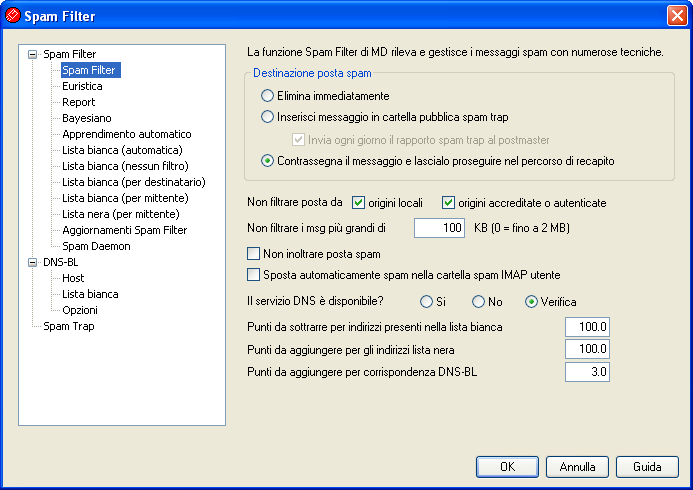 Menu Sicurezza 197 Gli indirizzi possono essere inseriti in liste bianche o in liste nere oppure esclusi da qualsiasi controllo di Spam Filter.