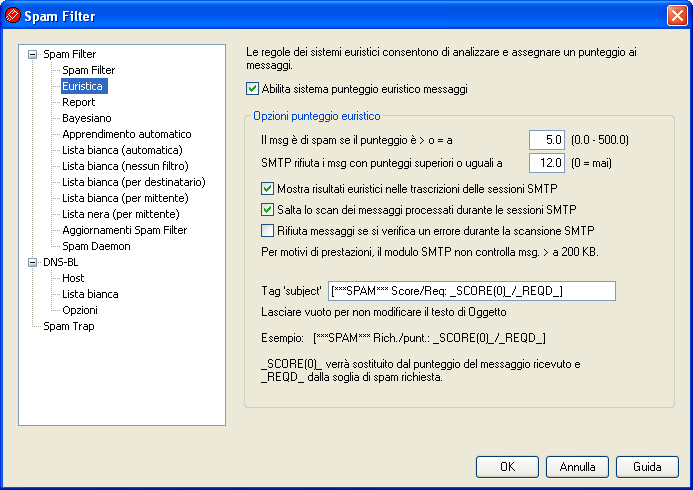 200 MDaemon Email Server Punti da aggiungere per corrispondenza DNS-BL Se si utilizzano le Liste nere DNS 219, questa opzione consente di specificare un valore da aggiungere al punteggio di spam del