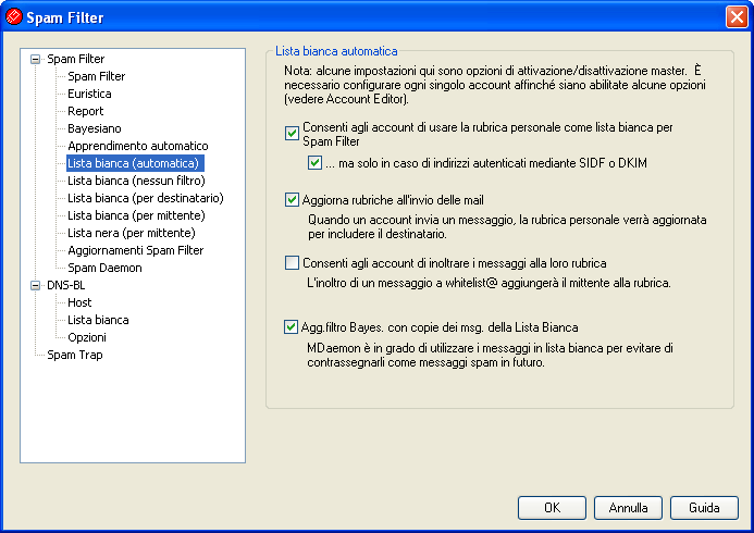 210 MDaemon Email Server 4.3.1.6 Lista bianca (automatica) Lista bianca automatica Consenti agli account di usare la rubrica personale come lista bianca per Spam Filter Questa opzione consente agli