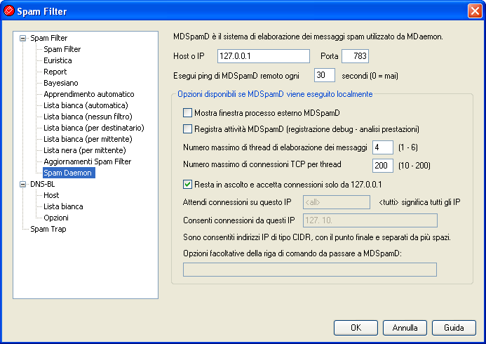 Menu Sicurezza 217 4.3.1.12 Spam Daemon Il sistema AntiSpam di MDaemon viene eseguito come sistema separato, MDSpamD (MDaemon Spam Daemon), a cui vengono inviati i messaggi tramite TCP/IP per la scansione.