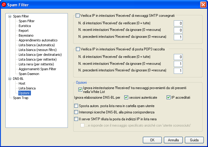 222 MDaemon Email Server 4.3.2.3 Opzioni Verifica IP in intestazioni 'Received' di messaggi SMTP consegnati Selezionare questa opzione se si desidera che le Liste nere DNS verifichino l'indirizzo IP