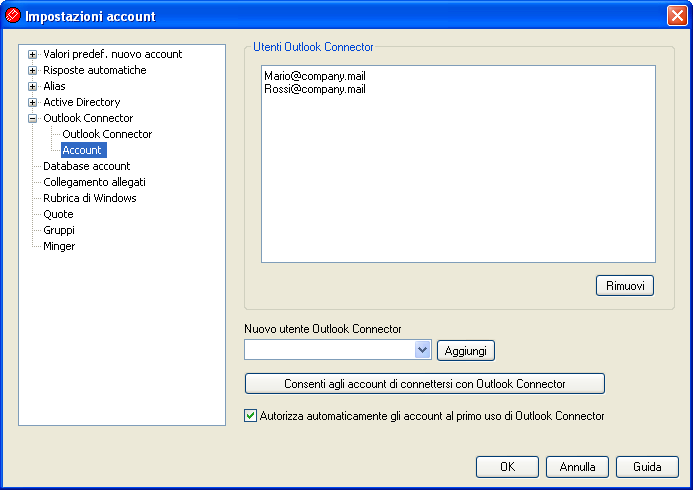 Menu Account 345 Genera cartelle condivise Outlook Connector Fare clic su questo pulsante per generare un insieme di cartelle di Outlook Connector per ogni dominio.