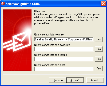 390 MDaemon Email Server 7. Selezione guidata ODBC crea un'istruzione di interrogazione SQL in base a quanto selezionato nel passaggio 6.