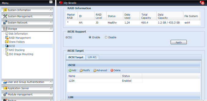 iscsi Target (Target iscsi) Elemento Add (Aggiungi) Modify (Modifica) Descrizione Fare clic per allocare spazio al target iscsi dal volume RAID associato.