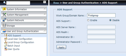 User and Group Authentication (Autenticazione utente e gruppo) Il dispositivo di archiviazione IP Thecus dispone di un database utente integrato che consente agli amministratori di gestire l'accesso