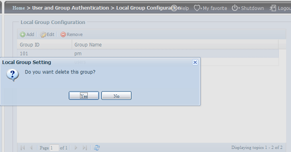 1. Sulla schermata Local Group Configuration (Configurazione gruppo locale), selezionare un nome gruppo dall'elenco. 2. Premere Remove (Rimuovi) per eliminare il gruppo dal sistema.