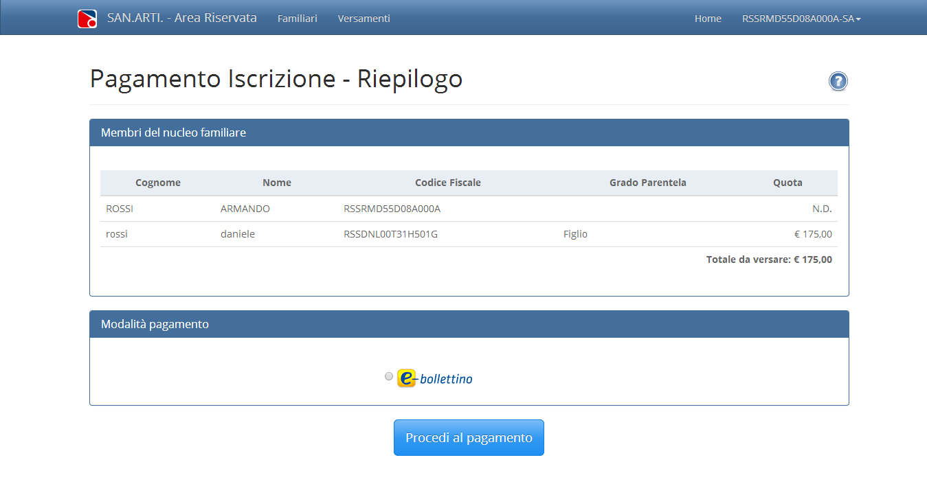 PAGAMENTO ISCRIZIONE RIEPILOGO Nella presente schermata, dopo aver controllato l esatto inserimento dei dati relativi ai componenti del