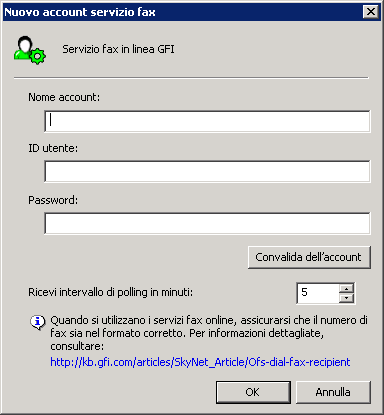 Schermata 60: Nuovo account servizio fax in linea GFI 3.