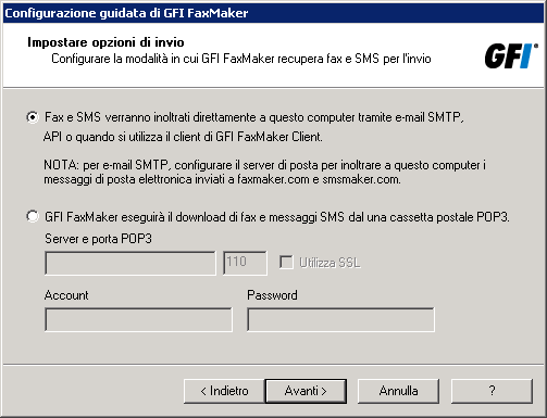 Al termine dell installazione, la configurazione guidata di GFI FaxMakerviene avviata in automatico per facilitare la configurazione delle impostazioni di base.