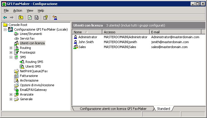 Schermata 47: Elenco di utenti e gruppi di GFI FaxMaker L elenco di utenti con licenza è disponibile dal nodo Configurazione di GFI FaxMaker> Utenti con licenza.