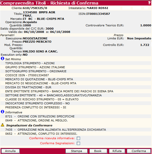 Cliccare sul tast: - Stampa per stampare la pagina. - Bk per visualizzare le infrmazini relative al titl ggett di cmpravendita cmprese le qutazini.