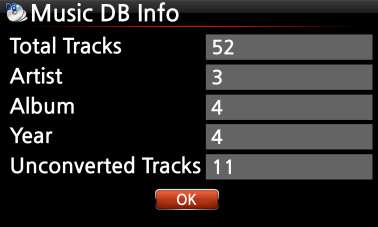 ③ Le informazioni sullo stato saranno mostrate a schermo. Nota: Per verificare le informazioni e lo stato di conversione relative a tutto il Music DB di X12, torna alla schermata Home.