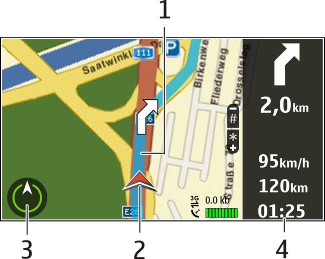 Mappe 115 Vista di navigazione 1 Itinerario 2 Posizione e direzione correnti 3 Bussola 4 Barra delle informazioni (velocità, distanza, tempo) Ottenere informazioni sul traffico e la sicurezza È