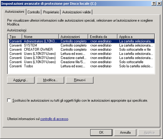 3. Per modificare la proprietà dei file oppure per modificare le autorizzazioni di accesso a livello di singoli file, fare clic su Avanzate.