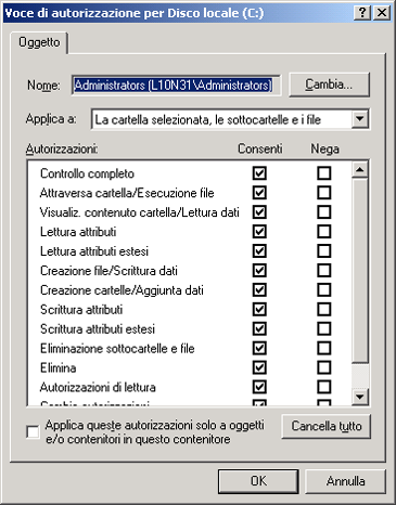 Figura 27 Finestra di dialogo delle voci di autorizzazione per utenti o gruppi Un altra area della finestra Impostazioni avanzate di protezione è costituita dalla scheda Controllo.