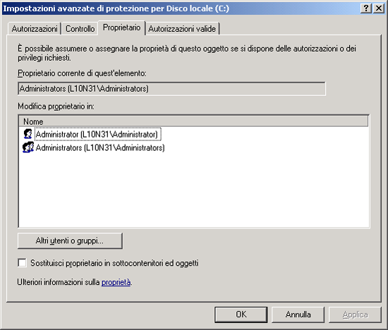 Figura 31 Finestra di dialogo Impostazioni avanzate di protezione, scheda Proprietario Il proprietario corrente del file o della cartella è riportato nell elenco nella parte superiore della schermata.