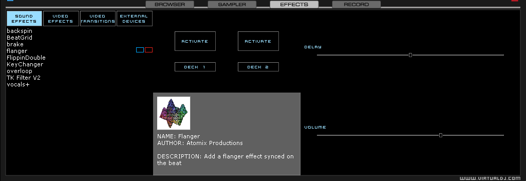 EFFETTI (AUDIO) VirtualDJ è dotato di un set completo di effetti e transizioni audio e video facilmente accessibile cliccando sulla linguetta Effects presente nella parte inferiore della skin.