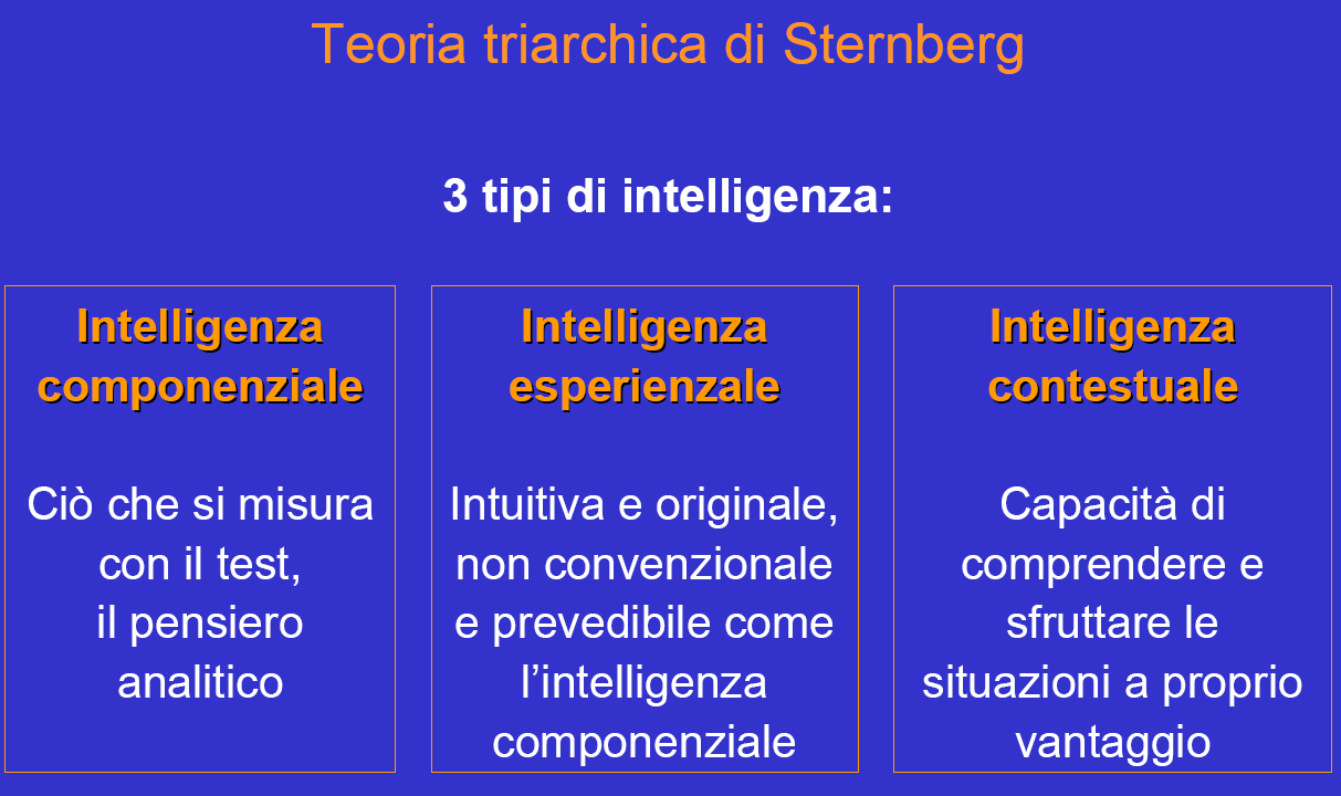 Sternberg (1985) propose una teoria triarchia secondo la quale esistono tre tipi di intelligenza: I test di intelligenza validi per l età scolare non possono essere utilizzati con bambini al di sotto