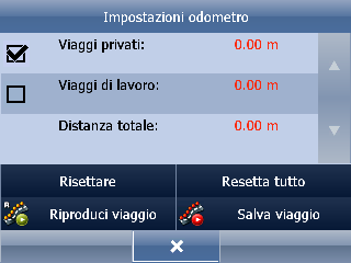 53 7 Navigator 12 Odometro L'odometro è uno strumento che vi permette di misurare le distanze mentre guidate e di suddividerle tra il chilometraggio per affari e quello personale.