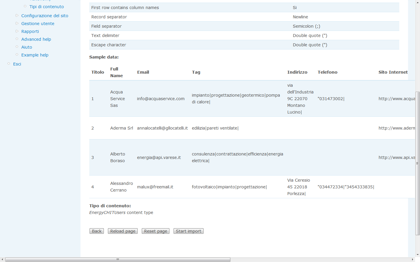 4.4.8 Passo 8: Inizio dell'import L'ultimo passo consiste in un riepilogo delle informazioni principali ottenute in tutti i passi precedenti, dando all'utilizzatore, una visione complessiva del