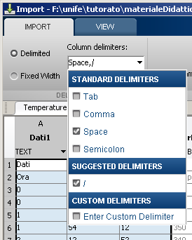 Import Wizard: separatore Cliccando su Column delimiters apparirà una finestra per la selezione dei separatori