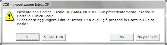 La procedura richiede anche se importare i dati sanitari del paziente aggiungendo questo storico ai dati sanitari eventualmente già presenti in Cartella Clinica Basic : La scelta è applicabile al