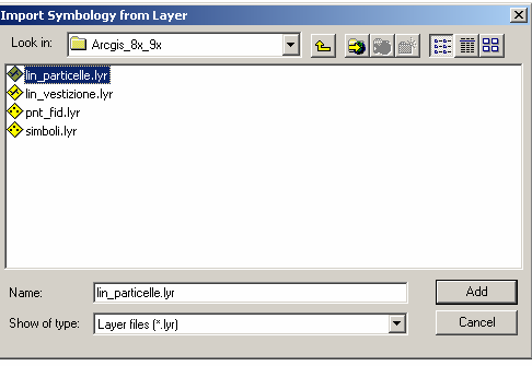 c. Quindi sul tab Symbology scegliere Import, tenere selezionato il primo check e selezionando il pulsante giallo ricercare e caricare il file lin_particelle.lyr. d.