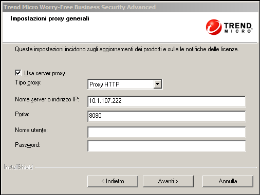 Trend Micro Worry-Free Business Security 7.0 Guida all'installazione 14. Fare clic su Avanti. Viene visualizzata la schermata Impostazioni proxy generali. FIGURA 3-13.