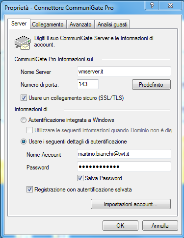 Inserire il Nome Account e Password della propria casella di posta.