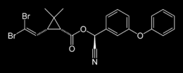 Deltametrina (Deltamethrin; Nome IUPAC: (S)- α -ciano-3-phenoxybenzil (1R,3R)-3-(2,2- dibromovinil)-2,2-dimetilciclopropanecarbossilato; Fomula molecolare: C22H19Br2NO3; assa molare: 505.
