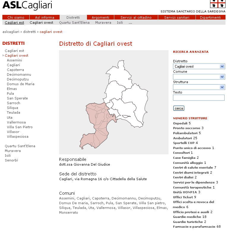 Mash-up e applicazioni cartografiche basate su Roja Figura 52 - Distretto di Cagliari Ovest - ASL di Cagliari Quando si scorre il cursore sopra la mappa in corrispondenza di un comune