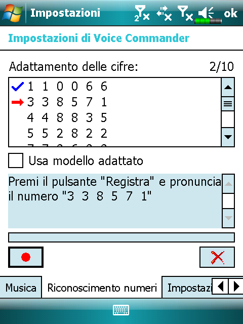 Pagina riconoscimento numeri Toccare Impostazione di Voice Commander, quindi la scheda Riconoscimento numeri.