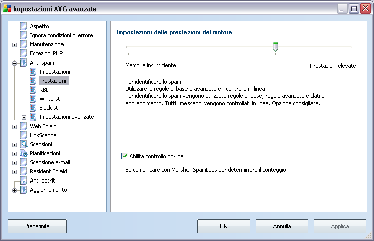 12.5.2.Prestazioni La finestra di dialogo Impostazioni delle prestazioni del motore (accessibile dalla voce Prestazioni del menu di esplorazione visualizzato a sinistra ) offre le impostazioni delle