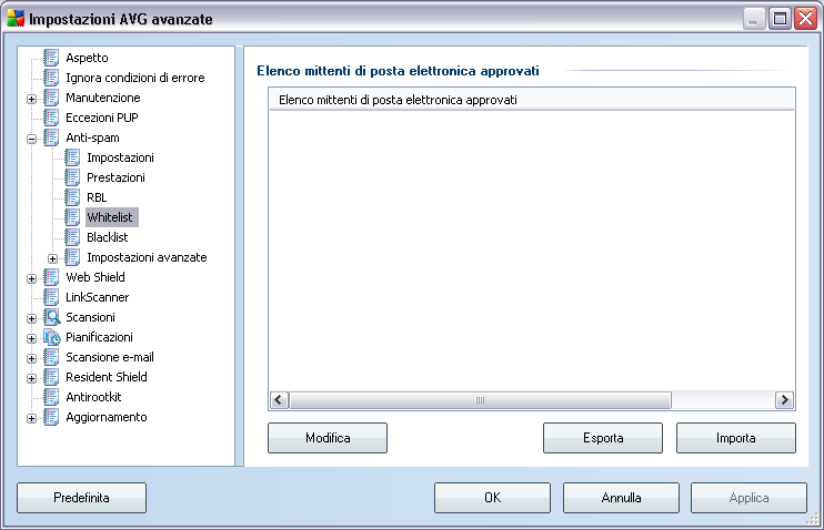 non rilevati dal motore Anti-Spam. La funzione Elenco server RBL consente di definire le posizioni dei server RBL specifici. Per impostazione predefinita, sono specificati due indirizzi server RBL.