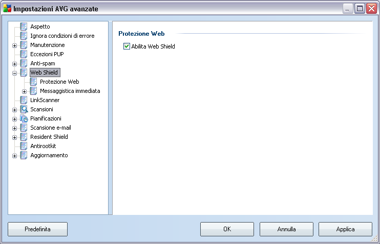 12.6.Web Shield La finestra di dialogo Protezione Web consente di attivare/disattivare l'intero componente Web Shield (attivato per impostazione predefinita).