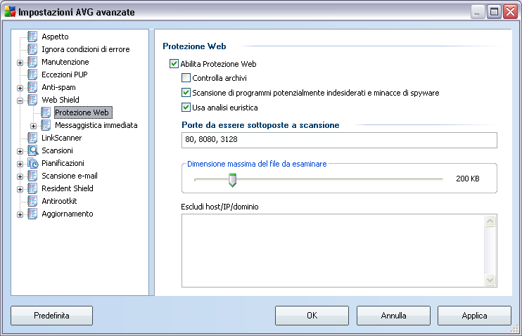 12.6.1.Protezione Web La finestra di dialogo Protezione Web consente di modificare la configurazione del componente relativa alla scansione del contenuto di siti Web.