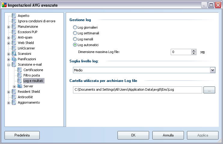 12.10.3. Log e risultati La finestra di dialogo aperta dall'elemento di spostamento Log e risultati consente di specificare i parametri per la gestione dei risultati di scansione e-mail.